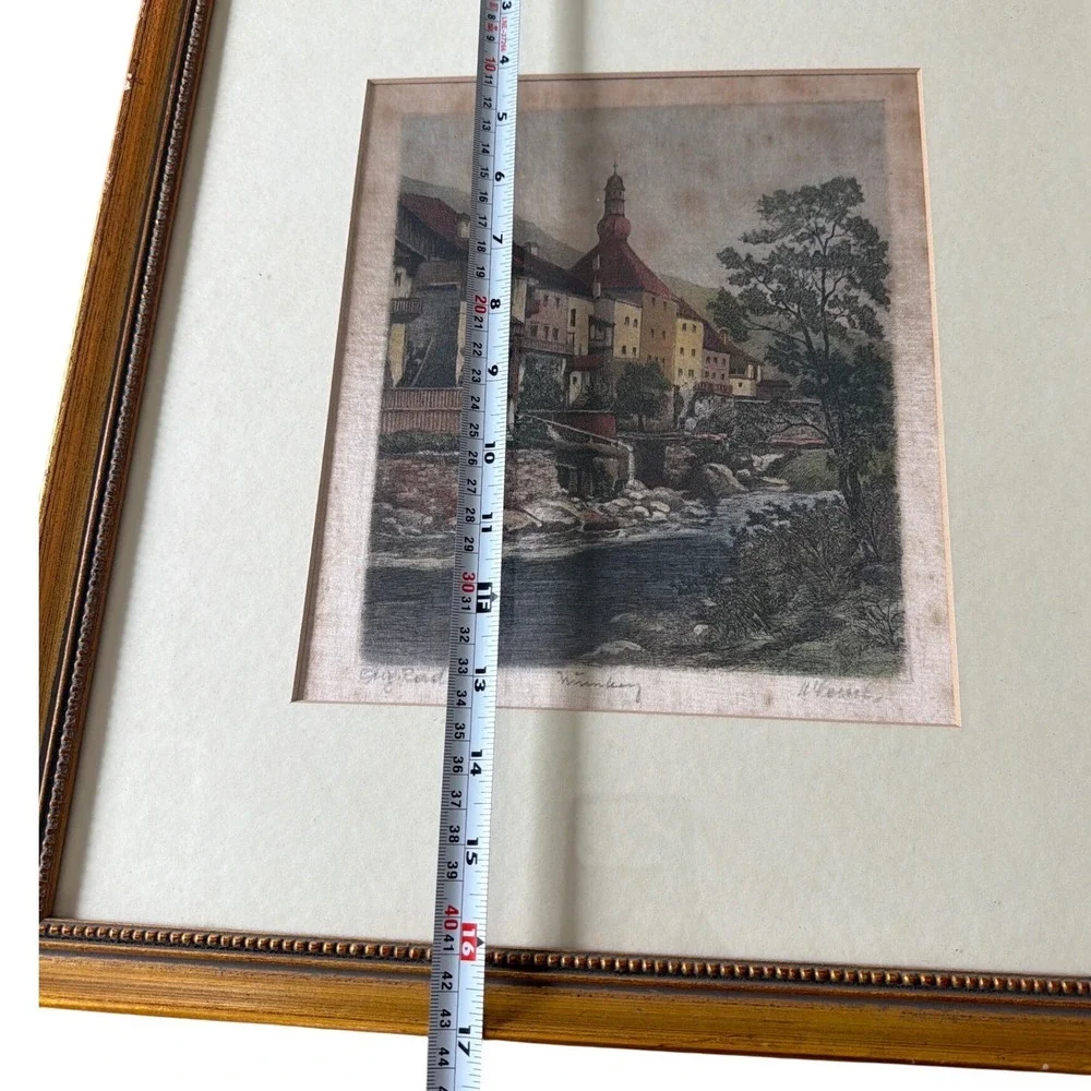Vintage Signed European Etching Framed Wall Art Set of 3 Gold Frames Estate Find